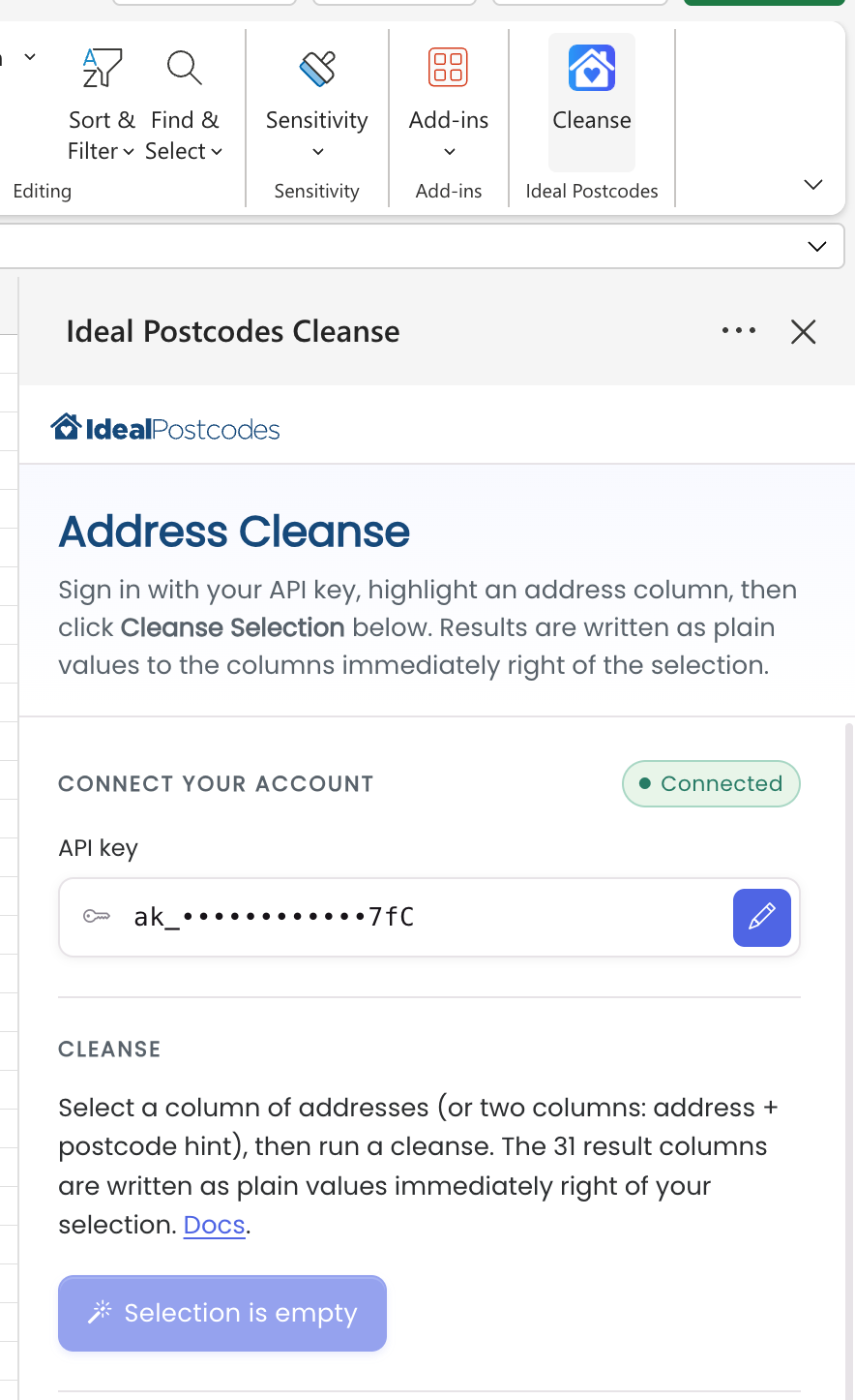 Cleanse button on the Home ribbon with the task pane open and showing the Connected state