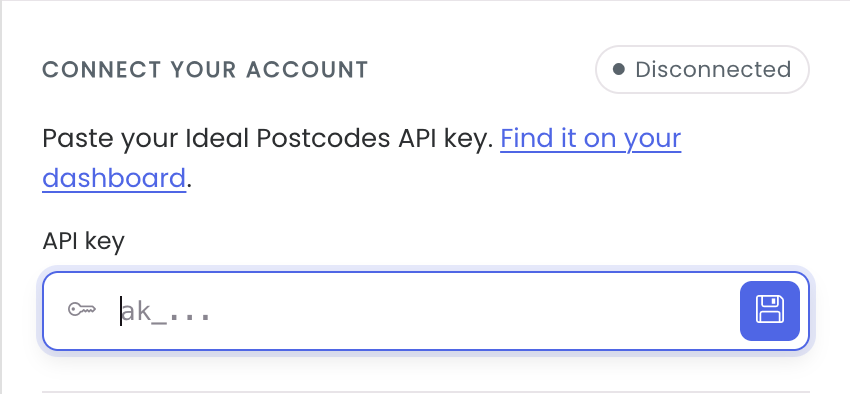 Disconnected Connect your account panel with empty API key field