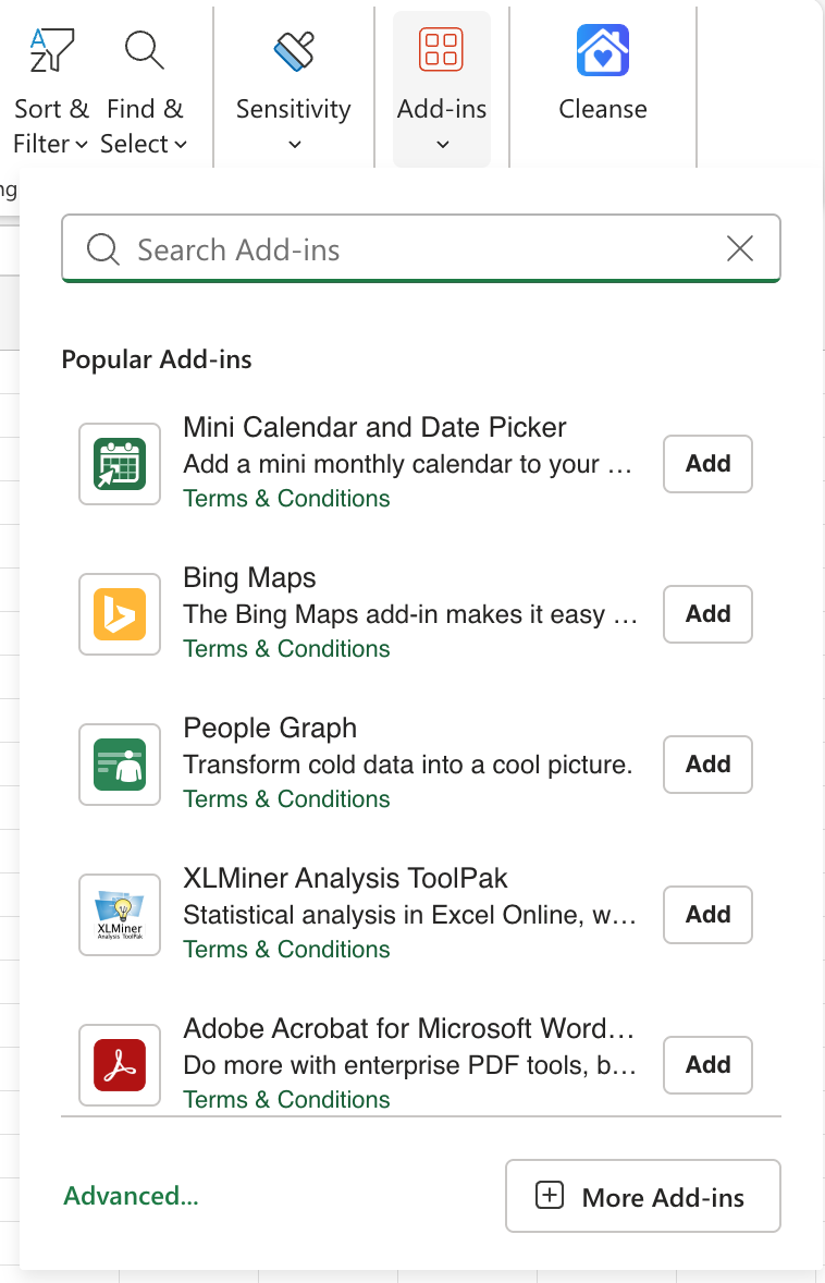 Excel for the Web Add-ins flyout showing the popular add-ins catalogue