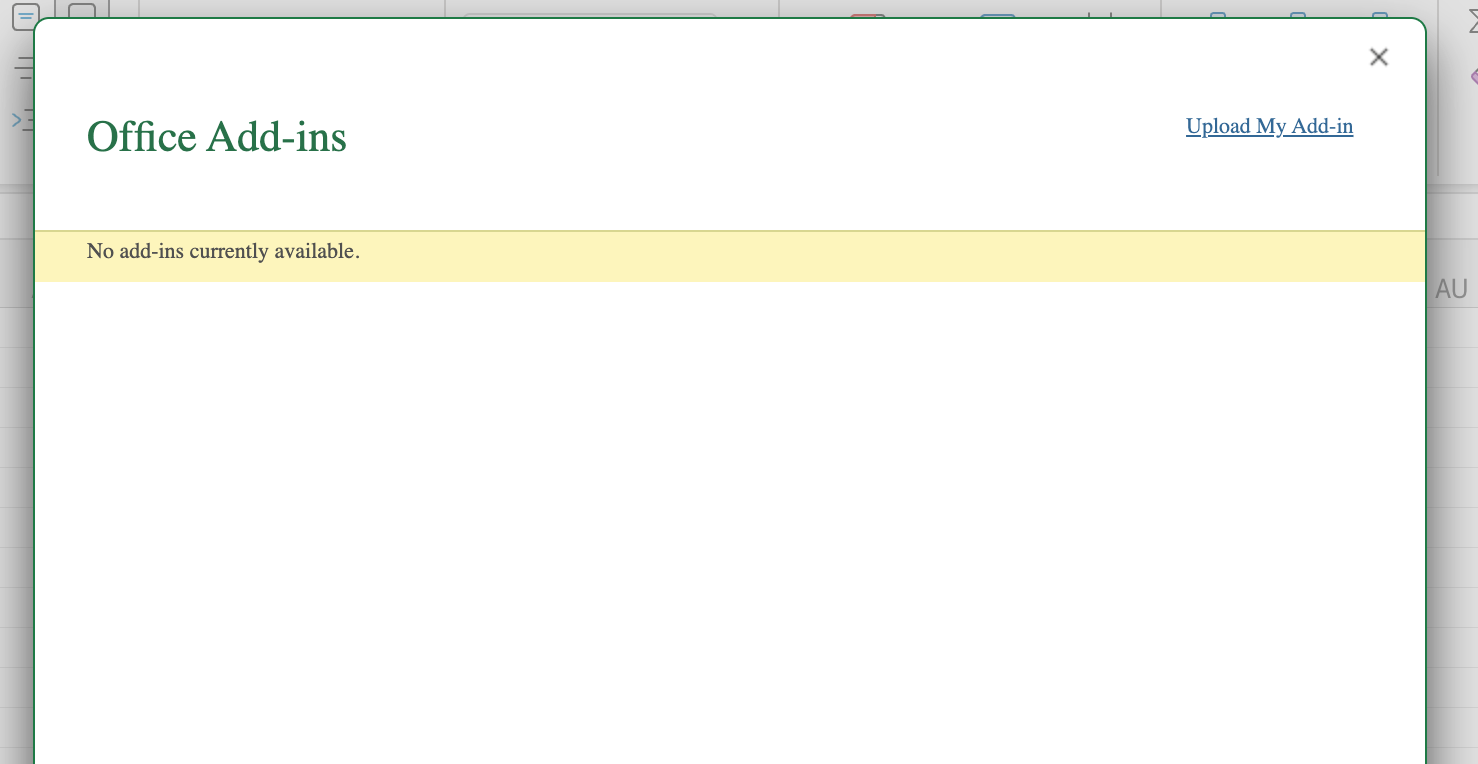 Office Add-ins dialog in Excel for the Web with the Upload My Add-in link highlighted