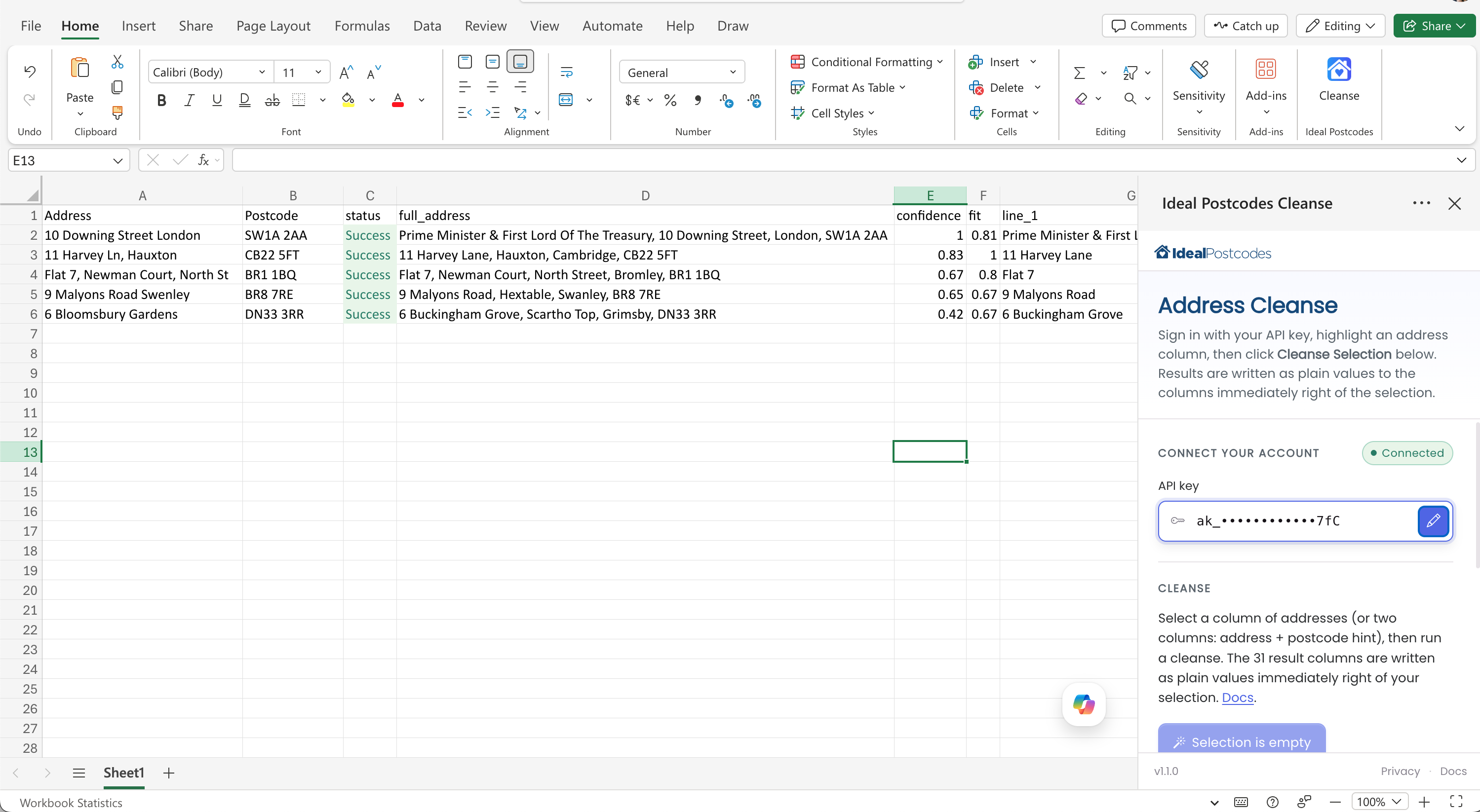 Excel workbook showing input addresses on the left and 31 columns of cleansed results written immediately to the right