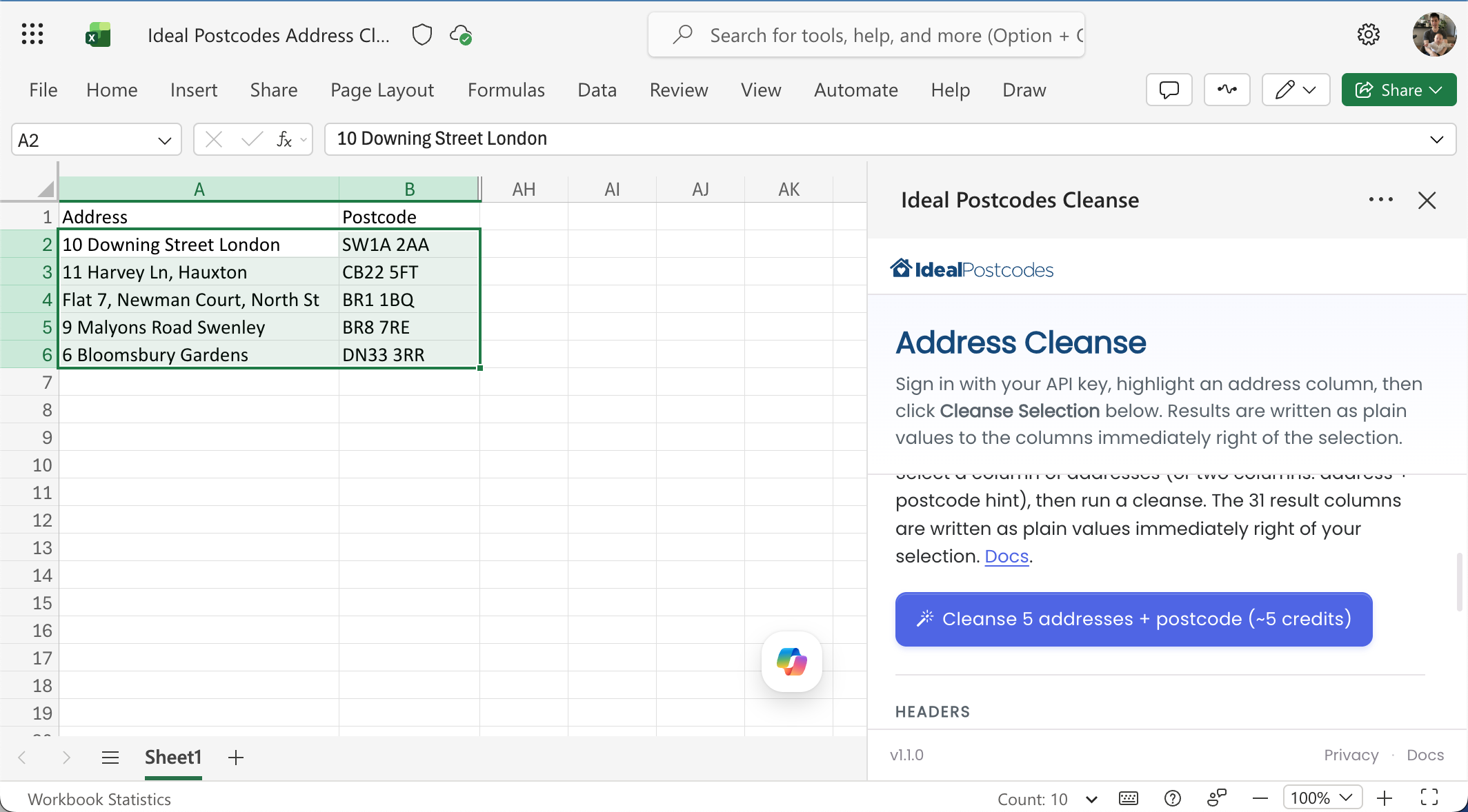 Excel for the Web with five addresses selected and the Cleanse Selection button ready to run